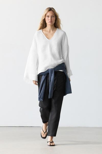 Massimo Dutti Dökümlü gofre %100 keten bluz