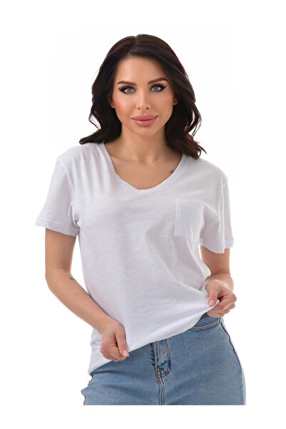 V Yaka %100 Pakumlu Flamlı Örme T-shirt