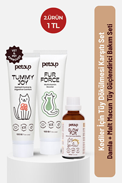 petsup Kediler İçin Tüy Dökülmesi Karşıtı Set | Damla + Malt Macun Sindirim D...