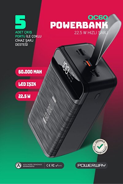 POWERWAY 60.000 Mah Pd 22.5w Kablolu 3.0 Hızlı Şarj Gerçek 60.000 Mah Garanti...