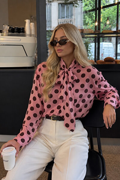 Black Fashion Puantiye Desen Fular Detay Pembe Gömlek