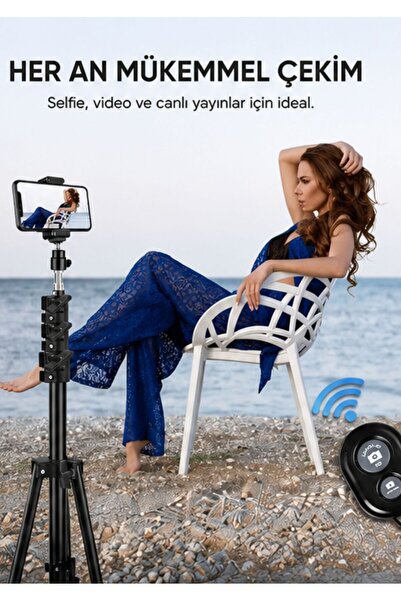 Asfal Bluetooth Kumandalı 210 Cm Tripod Telefon Tutuculu Selfie Çubuğu Telefon, Kamera Ve Lamba Tripodu
