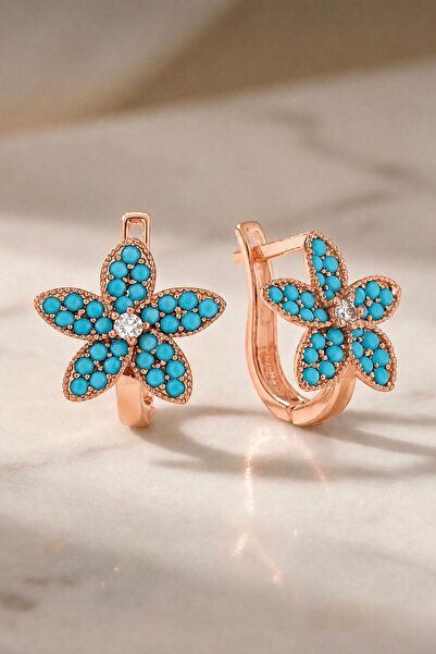 Argentum Concept 925 Ayar Gümüş Rose Firuze Taşlı Çiçek Küpe - K010601