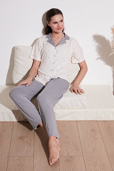 Lela Patterned Short Sleeve Elastic Waist Shirt Collar Woven Pajama Set Pajam...