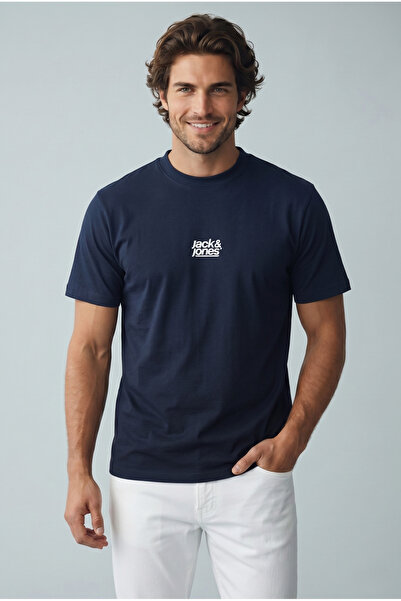 Jack & Jones Core Lacivert Erkek Tişört Ön Baskılı Kısa Kollu Bisiklet Yaka
