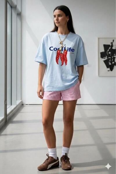 NO 601 Γυναικείο μπλουζάκι Baby Blue Cool Life με στάμπα Oversize Loose Fit