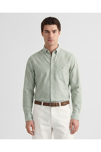 Gant Erkek Yeşil Regular Fit Çizgili Logolu Gömlek