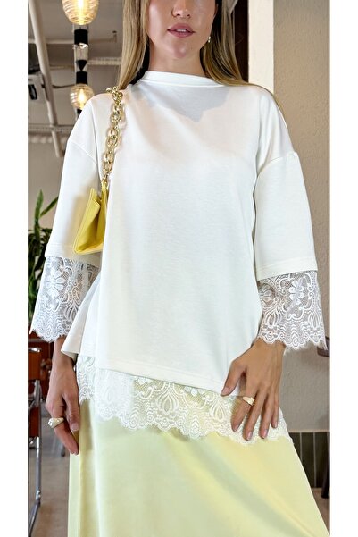 BY SE'MAS WEAR Oversize Sırtı Dantelli Dekolteli Kolları Dantelli Tişört