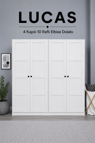 midoser Lucas 4 Kapaklı 10 Raflı Elbise Dolabı Seti - Mat Beyaz