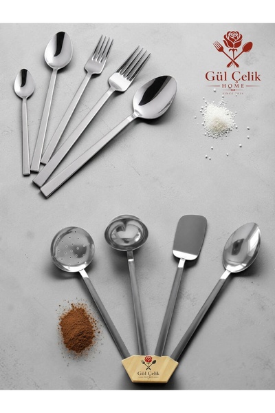 Gül Mutfak 64 Piece 12 Person Stainless Steel Flat Fork Spoon Serving Set Ser...
