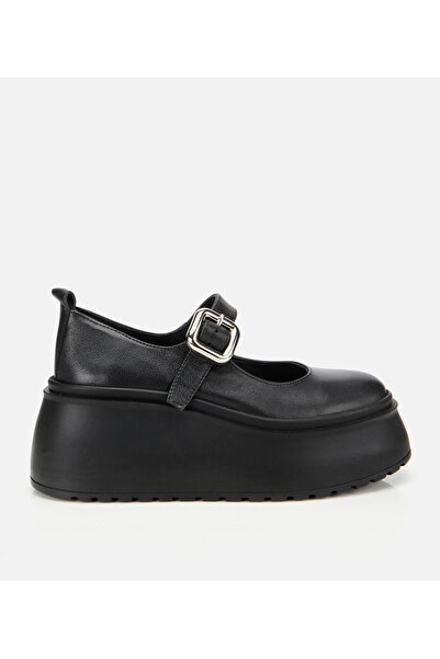 Hotiç Women's Leather Black Wedge Heeled Buckle Ballerinas