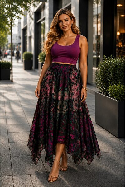 CALERA Plus Size Patterned Non-Exposing Long Skirt 46-60 Size Elastic Waist C...