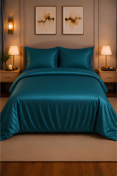 remtex 100% Cotton Petrol Green Satin Double Duvet Cover Set – Modern Luxury ...