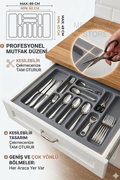 MEGAHOME STORE A Kalite Gri Renk Çekmece İçi Kaşıklık ve Kepçelik Düzenleyici...