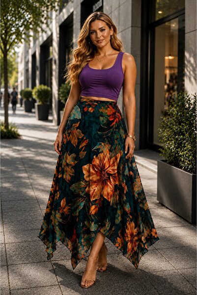 CALERA Plus Size Patterned Non-Exposing Long Skirt 46-60 Size Elastic Waist C...