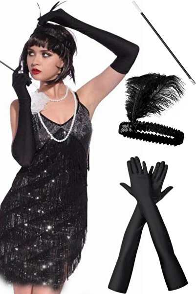 ReilaParty 1920'ler Gatsby Aksesuar Seti – Siyah Çarliston Saç Bandı, Sigaral...