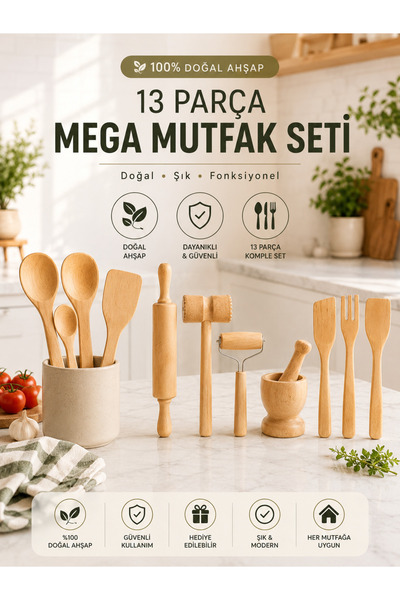 AHER Natural Wood 13 Piece Mega Kitchen Set |   Metal Headed Mallet, Pestle, ...