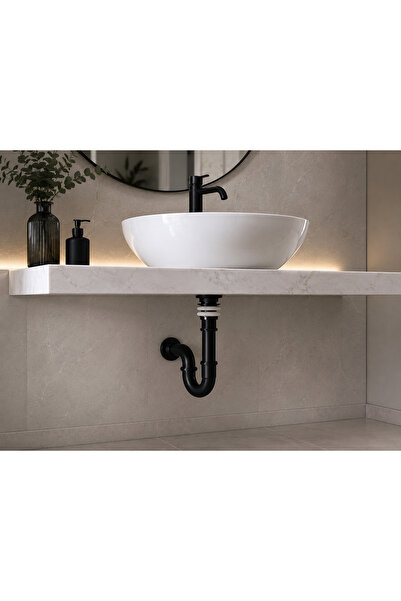 AGE YAPI Dekoratif siyah Lavabo Sifonu S Tipi + Pirinç Pop-Up Gider Seti, met...