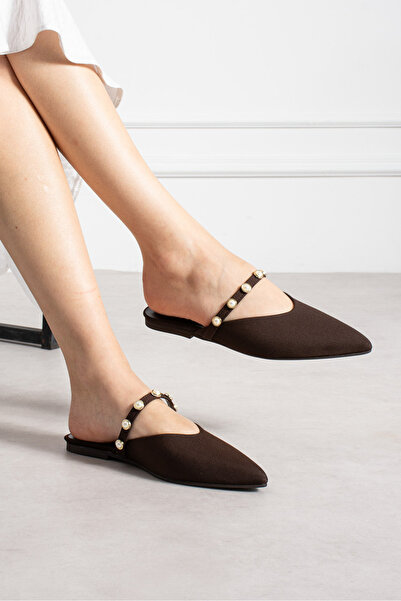 Pearl Coffee Matte Satin Pearl Detailed Women's Slippers