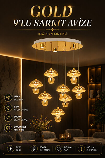 Elvora Home Modern (PREMİUM) Gold Sarkıt Avize 9'lu LED Dekoratif Salon Mutfa...