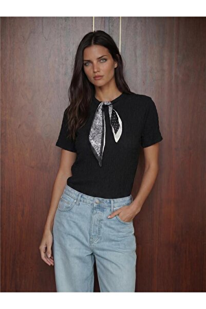 WeShaya Black Polyester Elastane Blend Short Sleeve Knitted Blouse with Scarf...