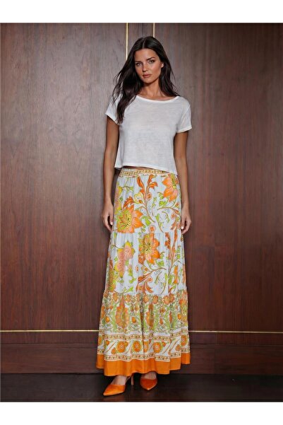 WeShaya Orange Viscose Textured Elastic Waist Patterned Long Skirt 96 cm Leng...