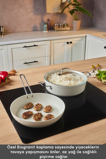 Emsan Biogranit White Stone Fireproof Non-Stick 3 Piece Pot and Pan Set