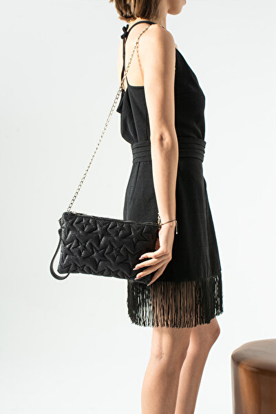 Zealous Geantă neagră cu model de stele, tip portofoliu și clutch, cu curea d...