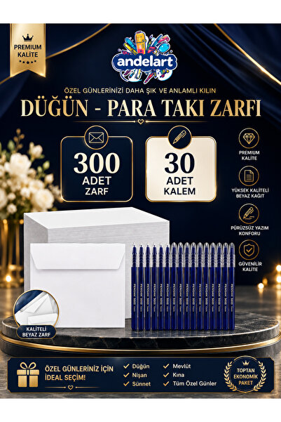 andelart Düğün, Para Takı Zarfı Ağzı Yapışkanlı 300 Adet Ve 30 Adet Tükenmez ...