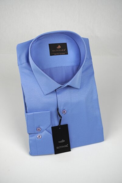 elitpark Blue Solid Color Cotton Men's Shirt