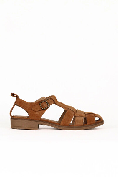 Bueno Shoes Sandale cu toc pentru femei din piele intoarsa deschisa, maro des...