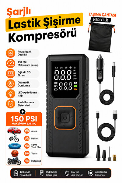 Yussraw Dijital Göstergeli Led Işıklı Taşınabilir 4500mAh Araç Lastik Şişirme...