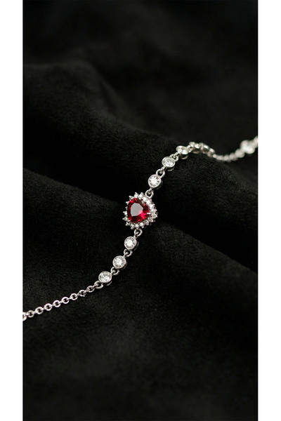 Roza Silver 925 Ayar Gümüş Yakut Taşlı Rodyum Kalp Anturaj Gümüş Bileklik