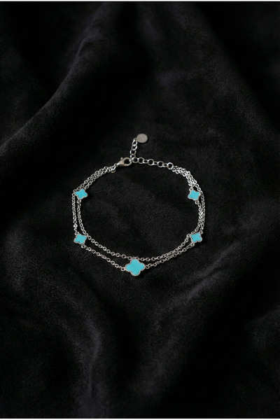 Roza Silver 925 Ayar Rodyum Turkuaz Mineli İki Sıralı Yonca Charm Gümüş Bileklik