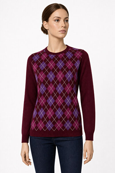 Desen Triko Women's Crew Neck Wool Sweater with Diamond Pattern on the Front,...