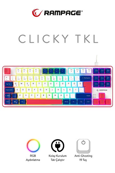 Rampage Clicky TKL Mekanik Hisli RGB Türkçe Q Membrane Oyuncu Klavyesi