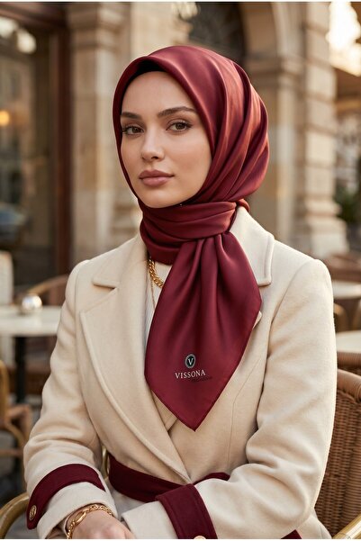 Vissona %100 Twill İpek Düz Bordo Renkli Daha Tok Exclusive Serisi 90x90 Eşar...