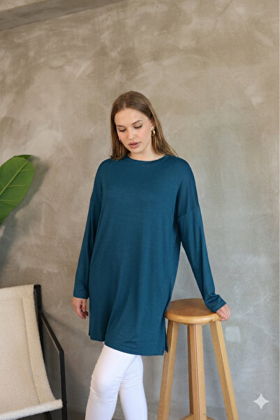 LUQAJ Modest Mavi Oversize Likralı Modal Penye Pamuklu Tesettür Basic Tunik