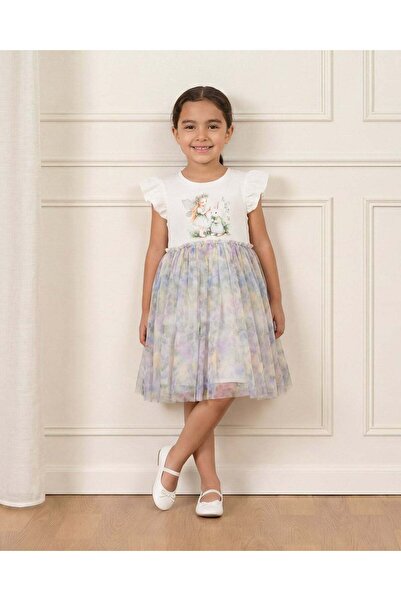 REDTAG Girls White Placement Print Dress With Printed Mesh Skirt