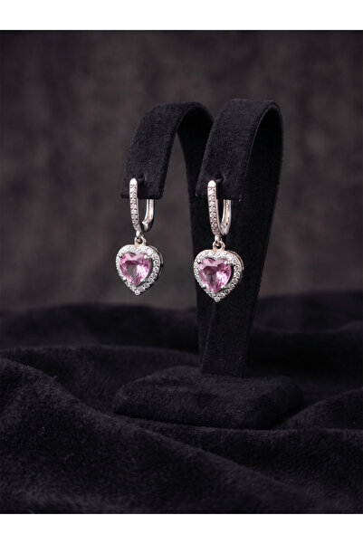 Roza Silver 925 Ayar Pembe Taşlı Rodyum Pırlanta Işıltılı Sallantılı Kalp Güm...