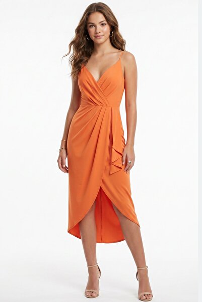 Maya Butik Orange İnce Askılı Kalp Yaka Saten Elbise