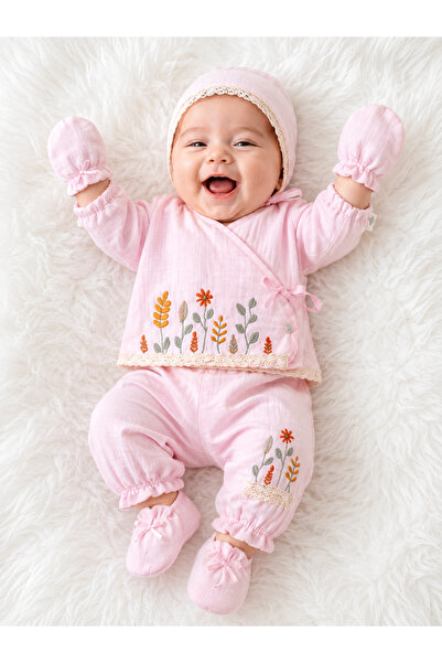 BYS BABY FASHION Mevsimlik Çiçek Nakışlı Yenidoğan Kız Bebek Müslin 10 lu Has...