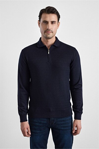 SÜVARİ Lacivert Regular Fermuarlı Polo Yaka Kazak