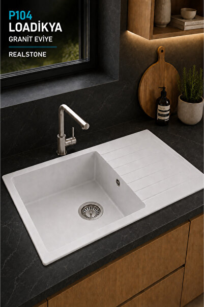 RealStone LOADİKYA 86 XL Beyaz Granit Mutfak Eviyesi 86X50 cm