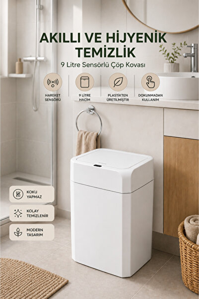 clasavm 9 Litre Akıllı Çöp Kovası - Hareket Sensörlü Kapaklı Mutfak/Banyo Çöp...