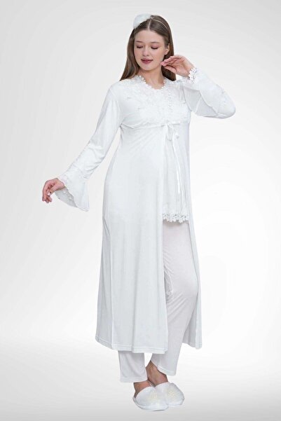 Mecit Pijama Mecit 1517 Ekru Sabahlıklı Lohusa Pijama Takımı