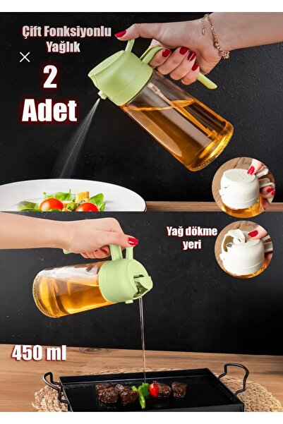 Genel Markalar 2'li Çift Fonksiyonlu Cam Yağdanlık 550ml Zeytinyağı Sıvıyağ Ş...
