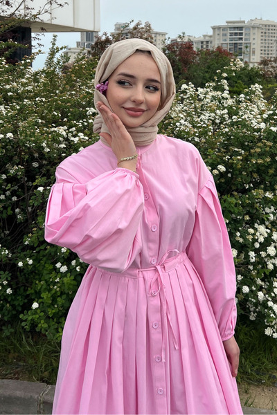 Oven Pink Buttoned Waist Gathered Dress