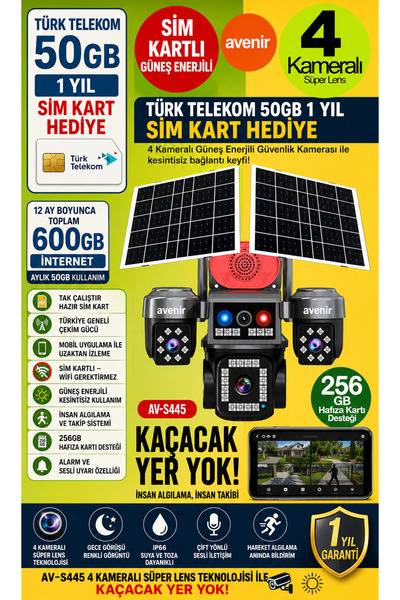 AVENİR 4 Kameralı Güneş Enerjili Güvenlik E-SIM–Çift Güneş Paneli, SIM Kartlı