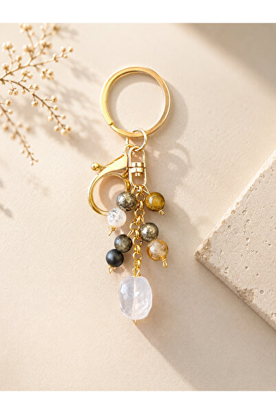 arzela Natural Stone Keychain Quartz Citrine Pyrite Money Abundance Protection 8mm 2cm Steel Chain
